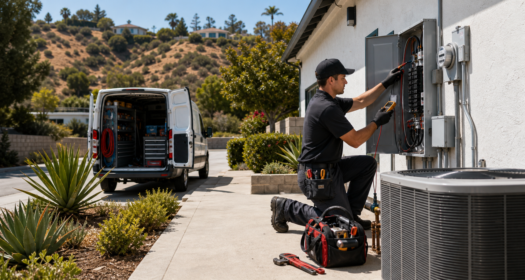 Technician working beside a foothill Los Angeles home with HVAC, electrical, and plumbing service tools