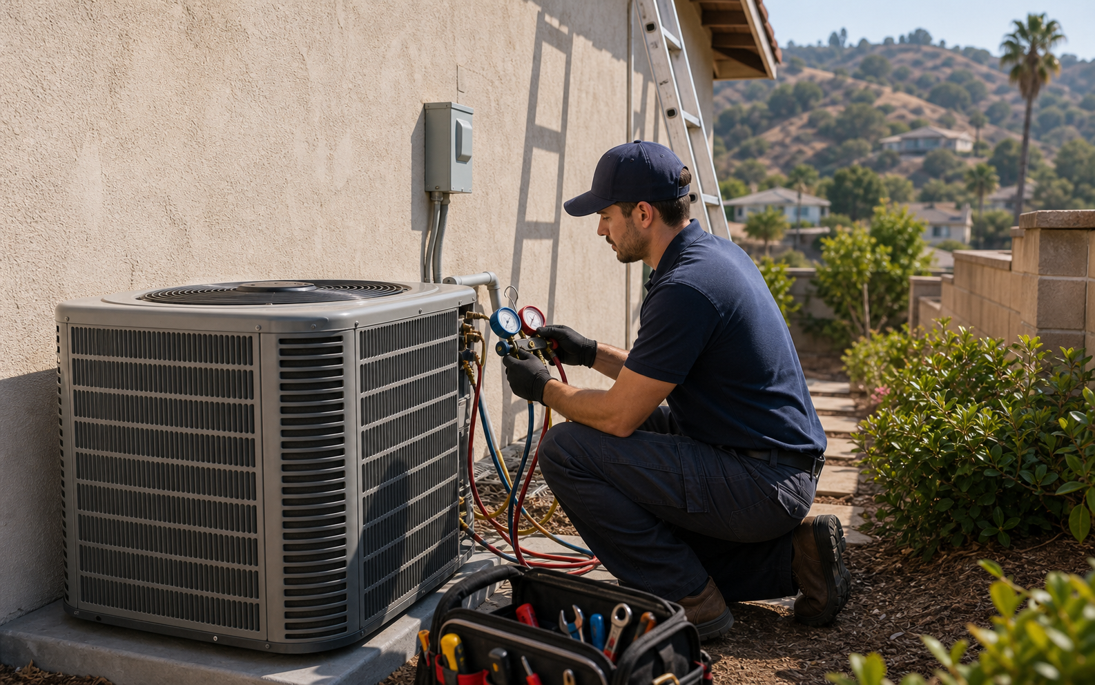 HVAC technician checking an outdoor condenser at a Los Angeles foothill home