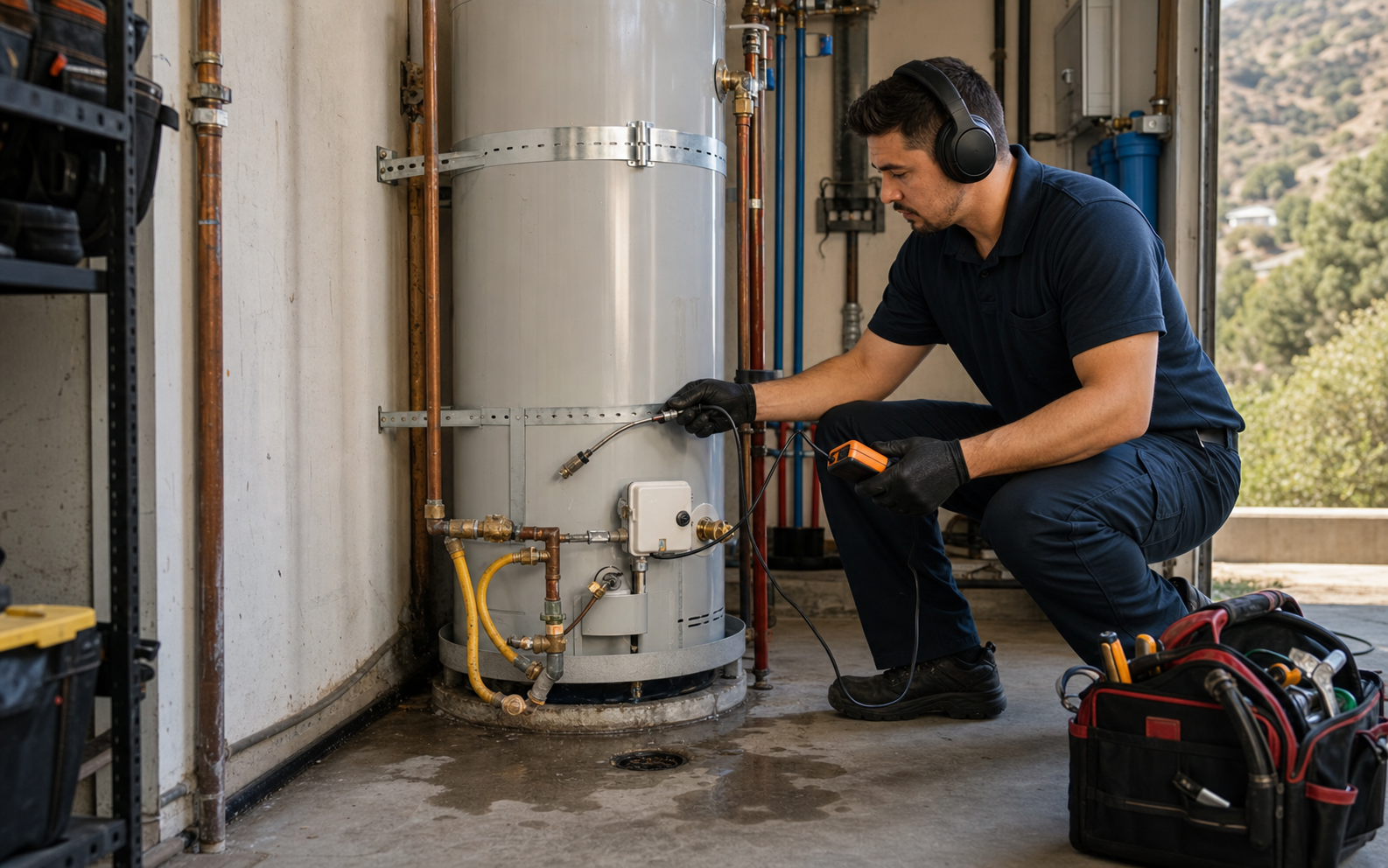 Plumber testing water heater piping in a foothill Los Angeles garage